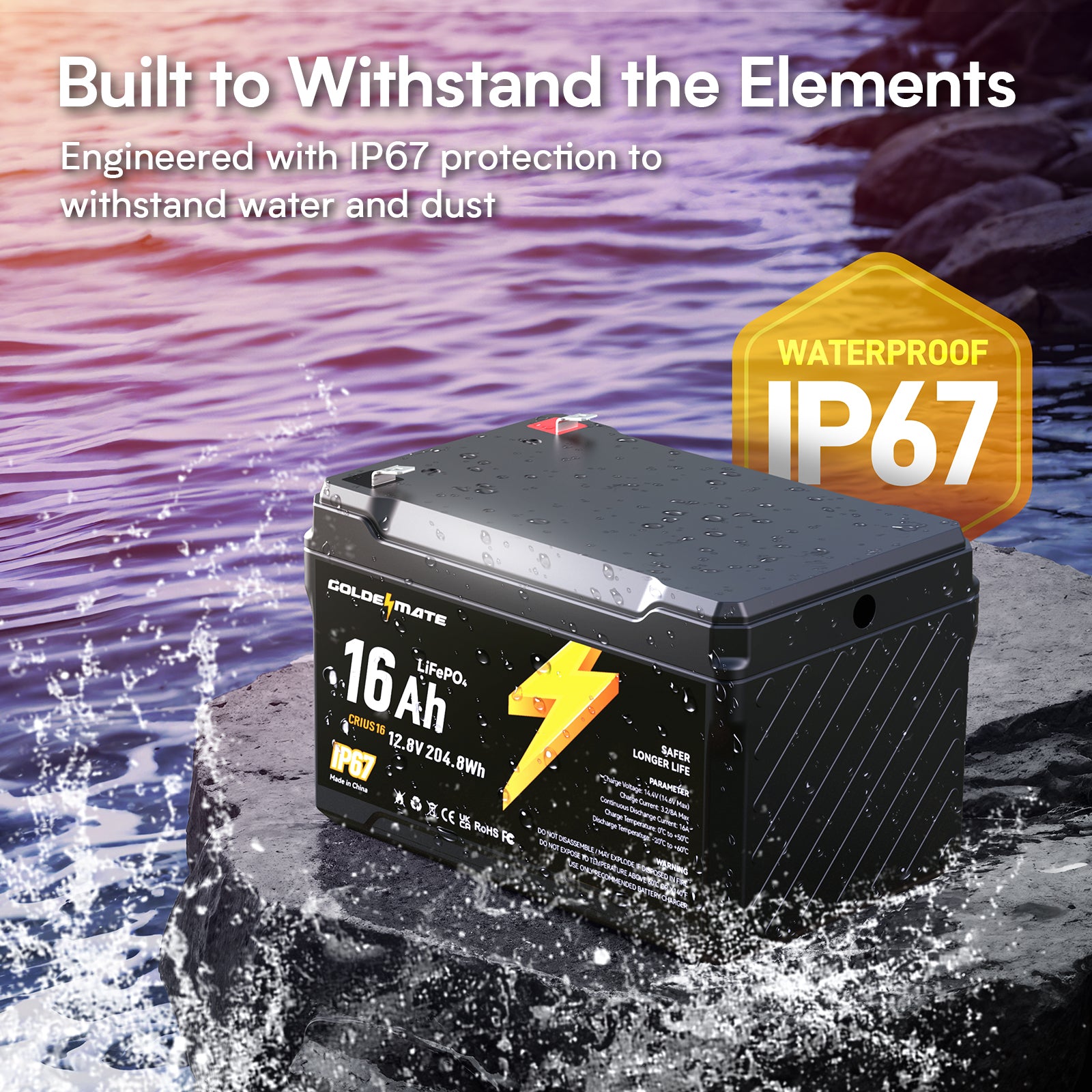 GoldenMate 12V 16Ah IP67 Waterproof LiFePO4 Lithium Battery