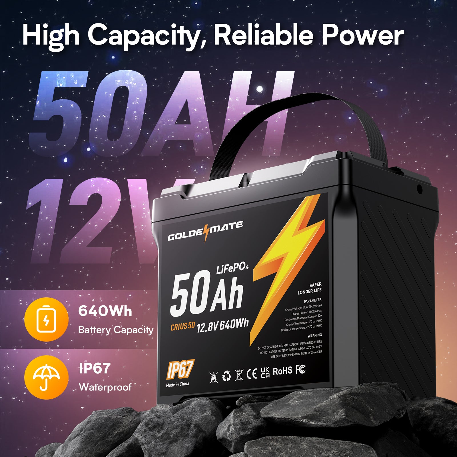 GoldenMate 12V 50Ah IP67 Waterproof LiFePO4 Lithium Battery