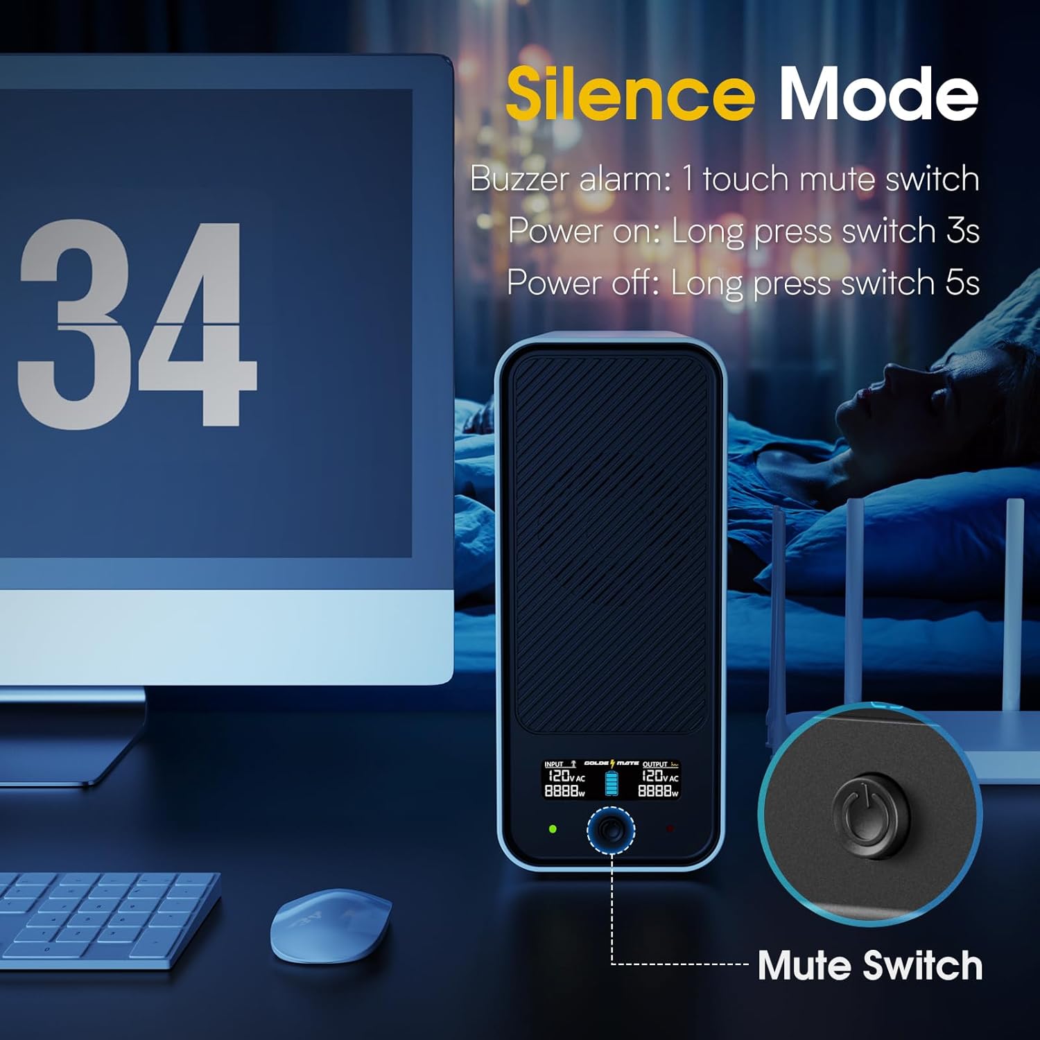 GoldenMate Back-UPS 1000VA/800W 8 Outlets LiFePO4 Battery Backup and Surge Protector