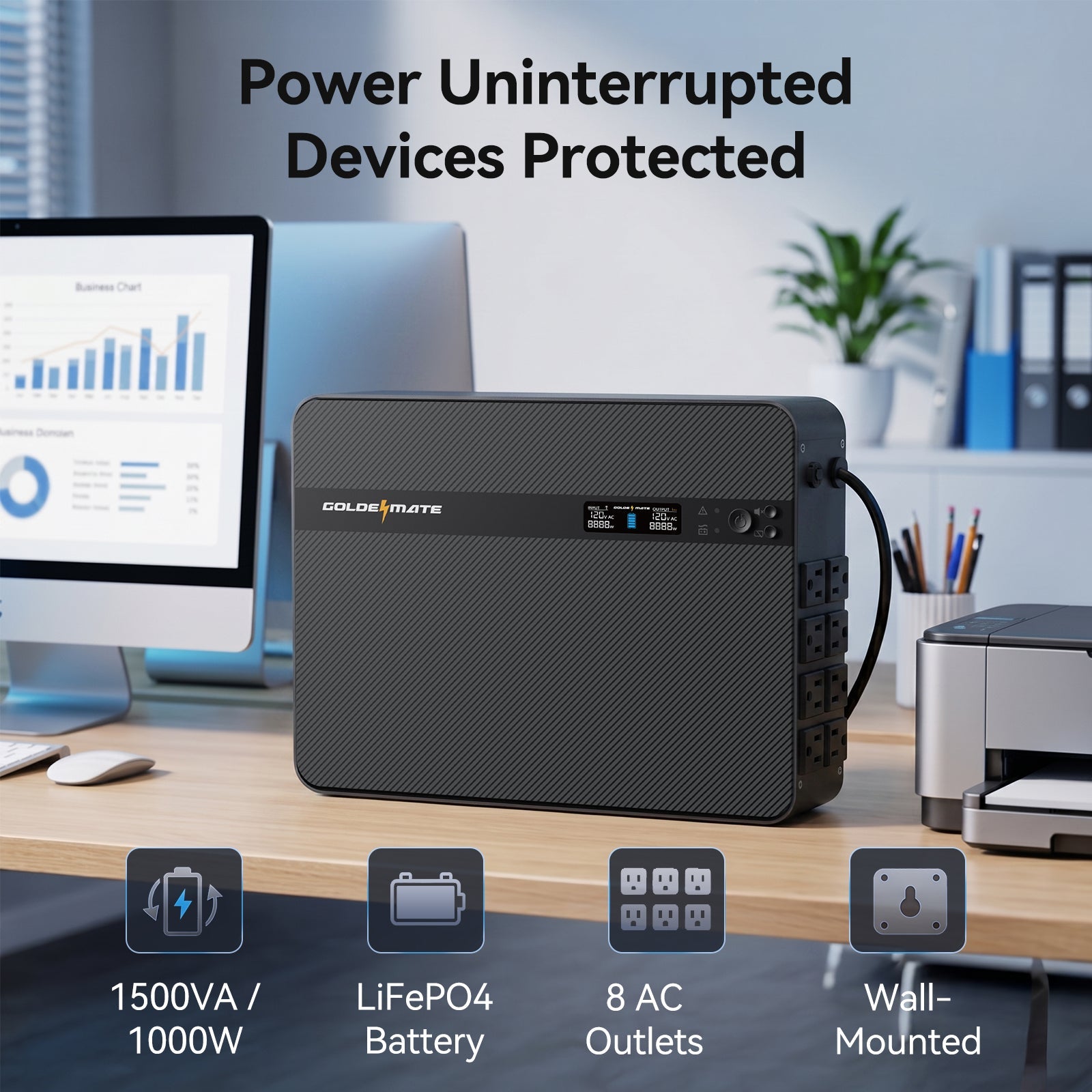 1500VA/1000W LiFePO4 UPS Wall-Mount - Goldenmate Battery1500VA/1000W LiFePO4 UPS Wall-Mount