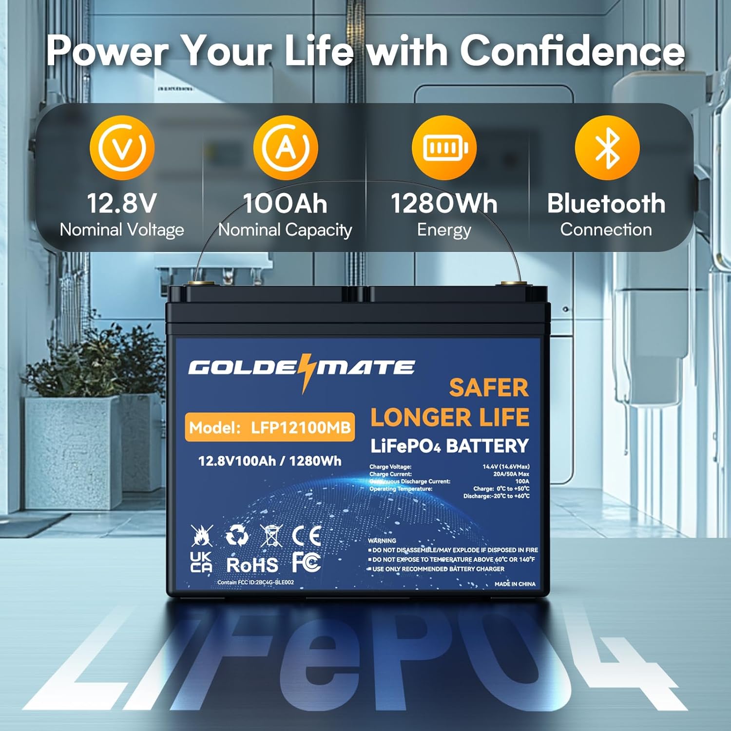 GoldenMate 12V 100Ah Group 24 Bluetooth LiFePO4 Lithium Battery
