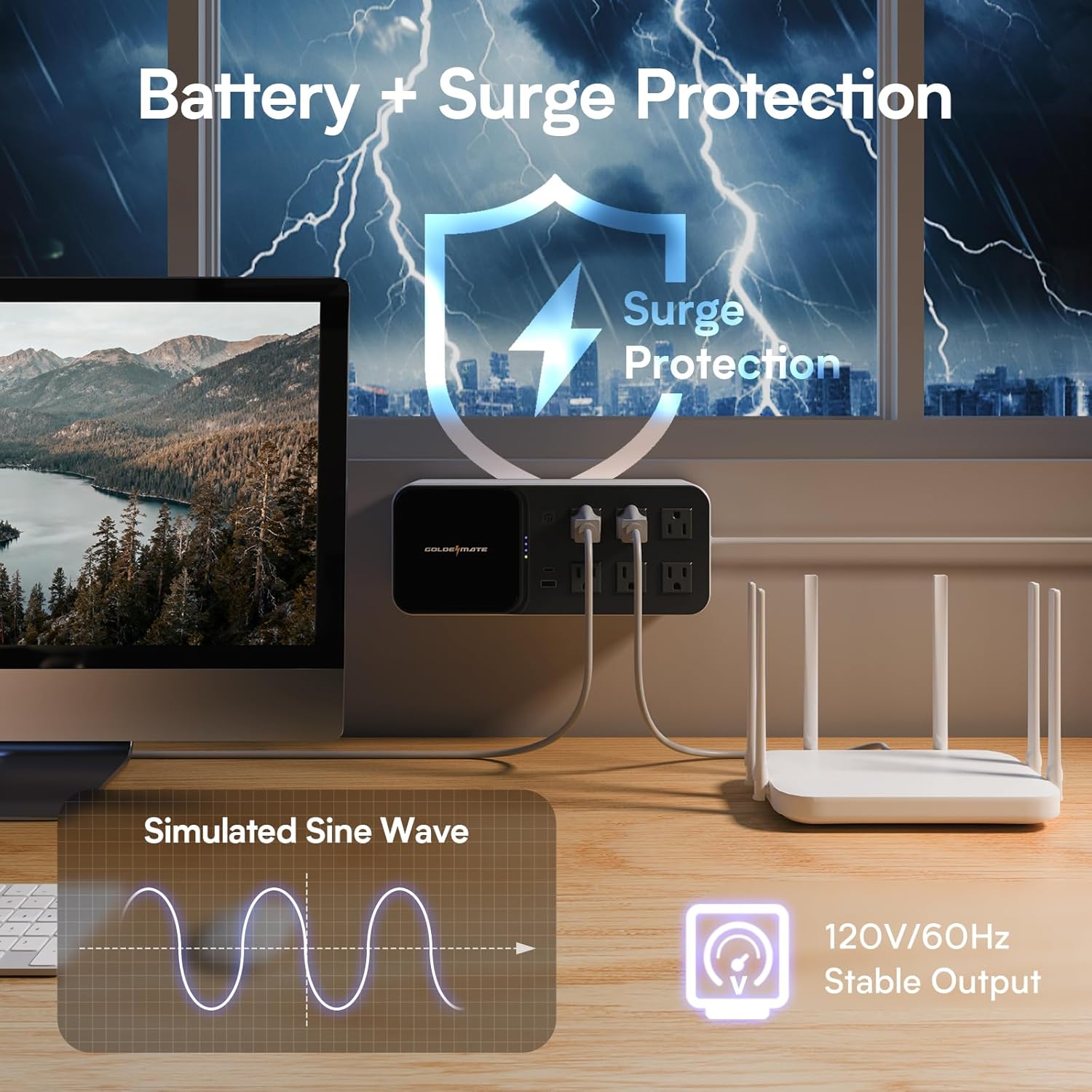600VA/360W LiFePO4 UPS 6-Outlet - Goldenmate Battery600VA/360W LiFePO4 UPS 6-Outlet