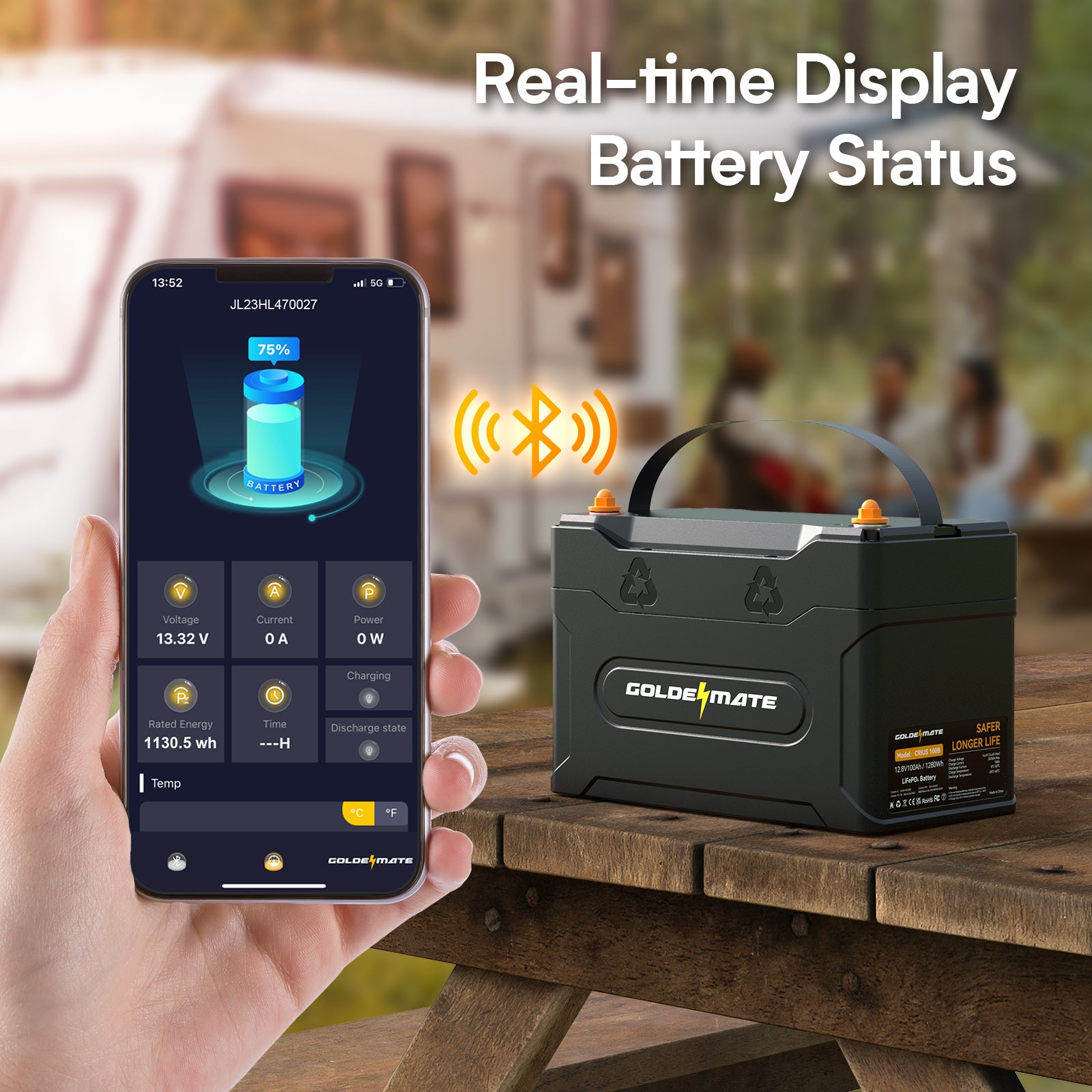 GoldenMate 12V 100Ah Group 31 IP67 Waterproof Bluetooth LiFePO4 Lithium Battery CRIUS100B - Goldenmate BatteryGoldenMate 12V 100Ah Group 31 IP67 Waterproof Bluetooth LiFePO4 Lithium Battery CRIUS100B