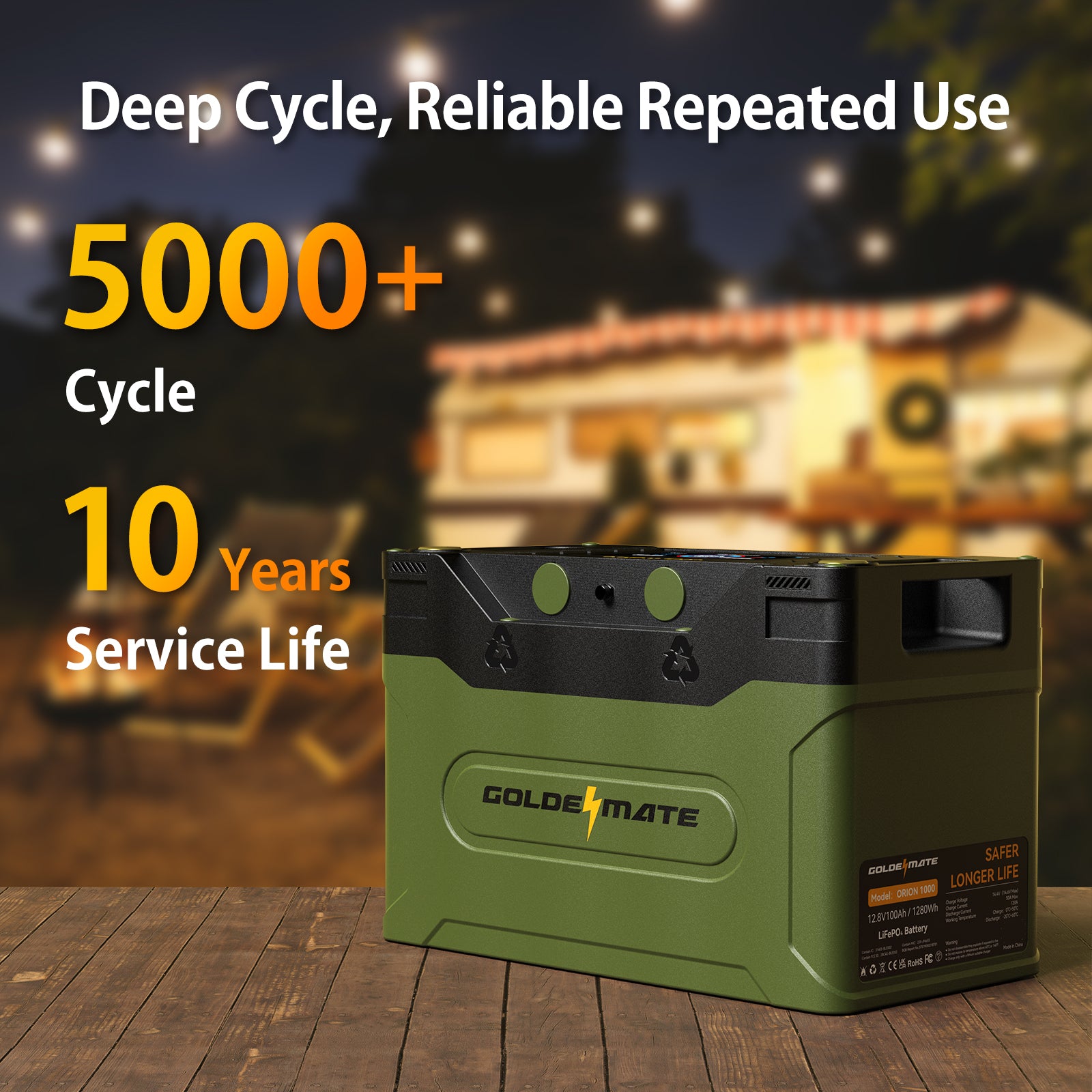 GoldenMate Orion1000 12V 100Ah IP67 Waterproof LiFePO4 Battery with LCD Display & APP Monitoring