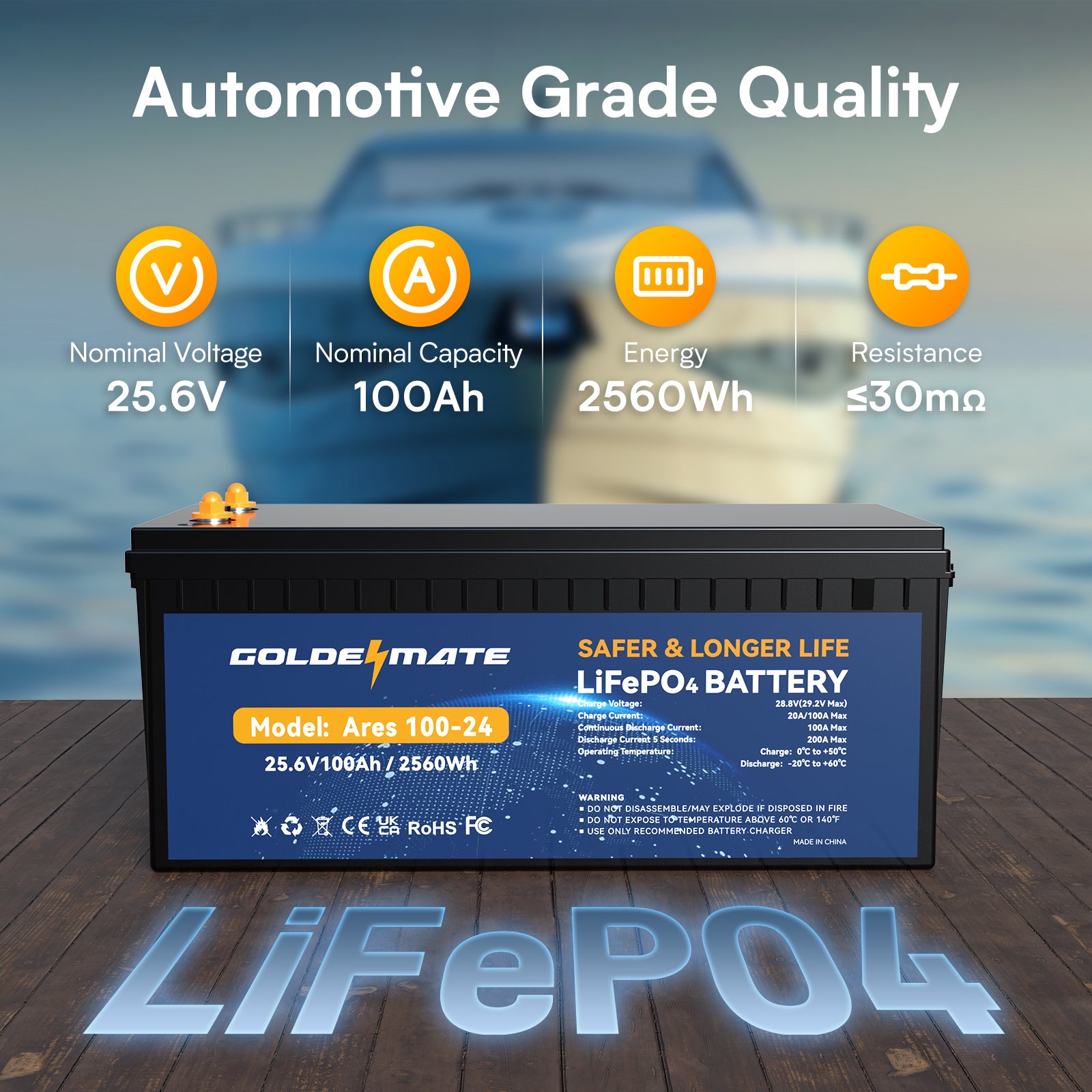 Goldenmate 24V 100Ah LiFePO4 Lithium Battery
