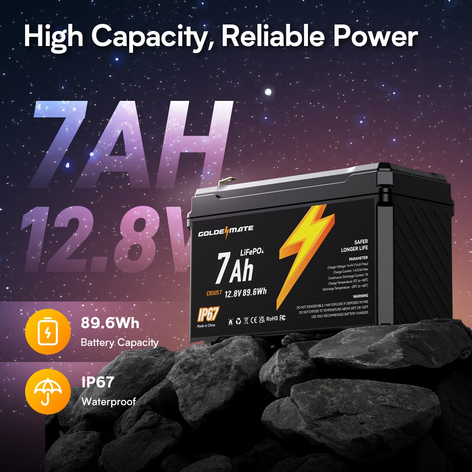 GoldenMate 12V 7Ah IP67 Waterproof LiFePO4 Lithium Battery