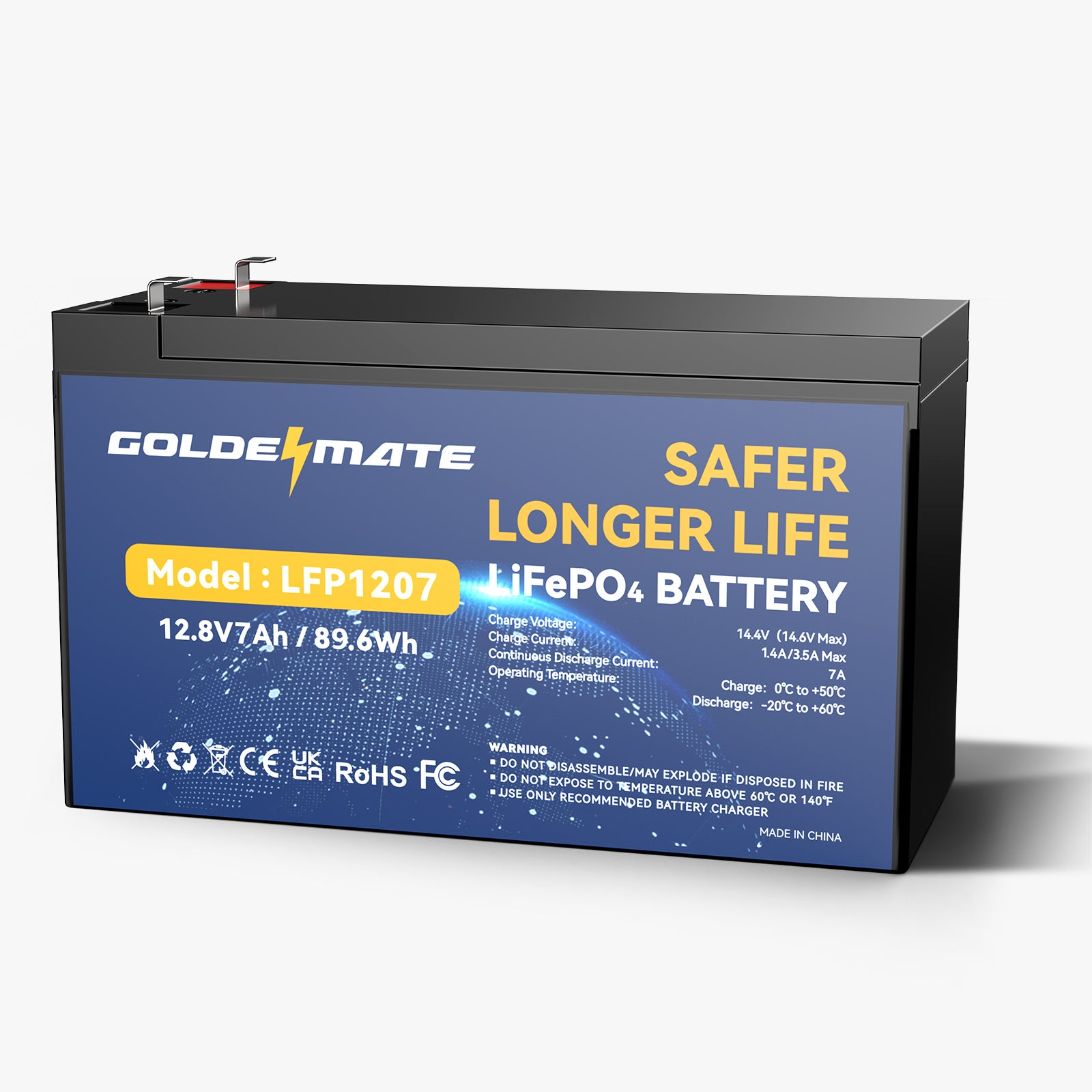 GoldenMate 12V 7Ah LiFePO4 Lithium Battery, 89.6Wh Output Power, Built-in BMS