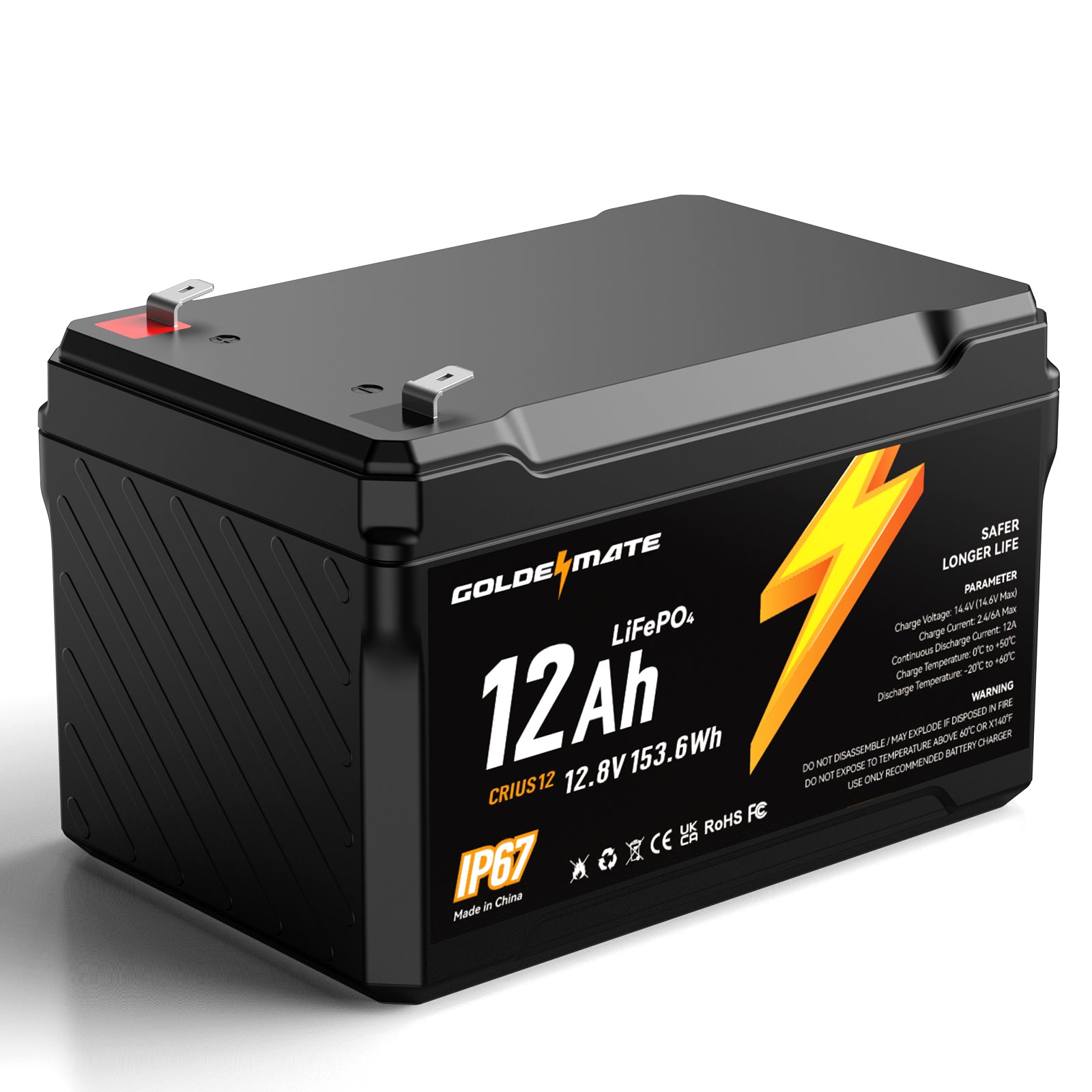 GoldenMate 12V 12Ah IP67 Waterproof LiFePO4 Lithium Battery