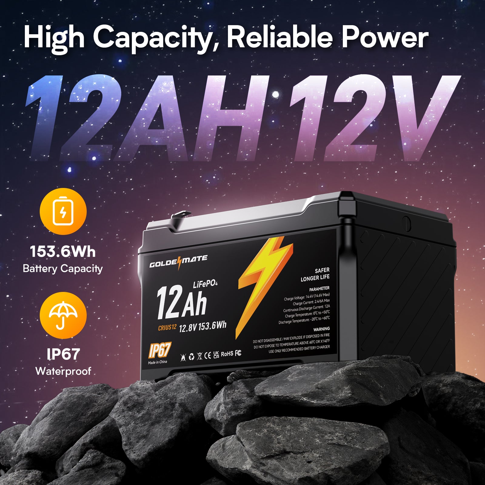 GoldenMate 12V 12Ah IP67 Waterproof LiFePO4 Lithium Battery