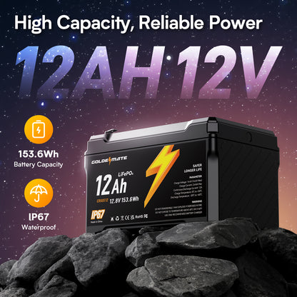 GoldenMate 12V 12Ah IP67 Waterproof LiFePO4 Lithium Battery - Goldenmate BatteryGoldenMate 12V 12Ah IP67 Waterproof LiFePO4 Lithium Battery