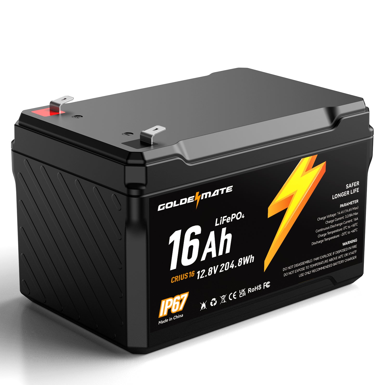 GoldenMate 12V 16Ah IP67 Waterproof LiFePO4 Lithium Battery