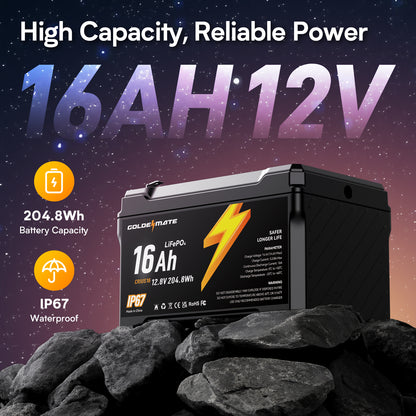 GoldenMate 12V 16Ah IP67 Waterproof LiFePO4 Lithium Battery - Goldenmate BatteryGoldenMate 12V 16Ah IP67 Waterproof LiFePO4 Lithium Battery