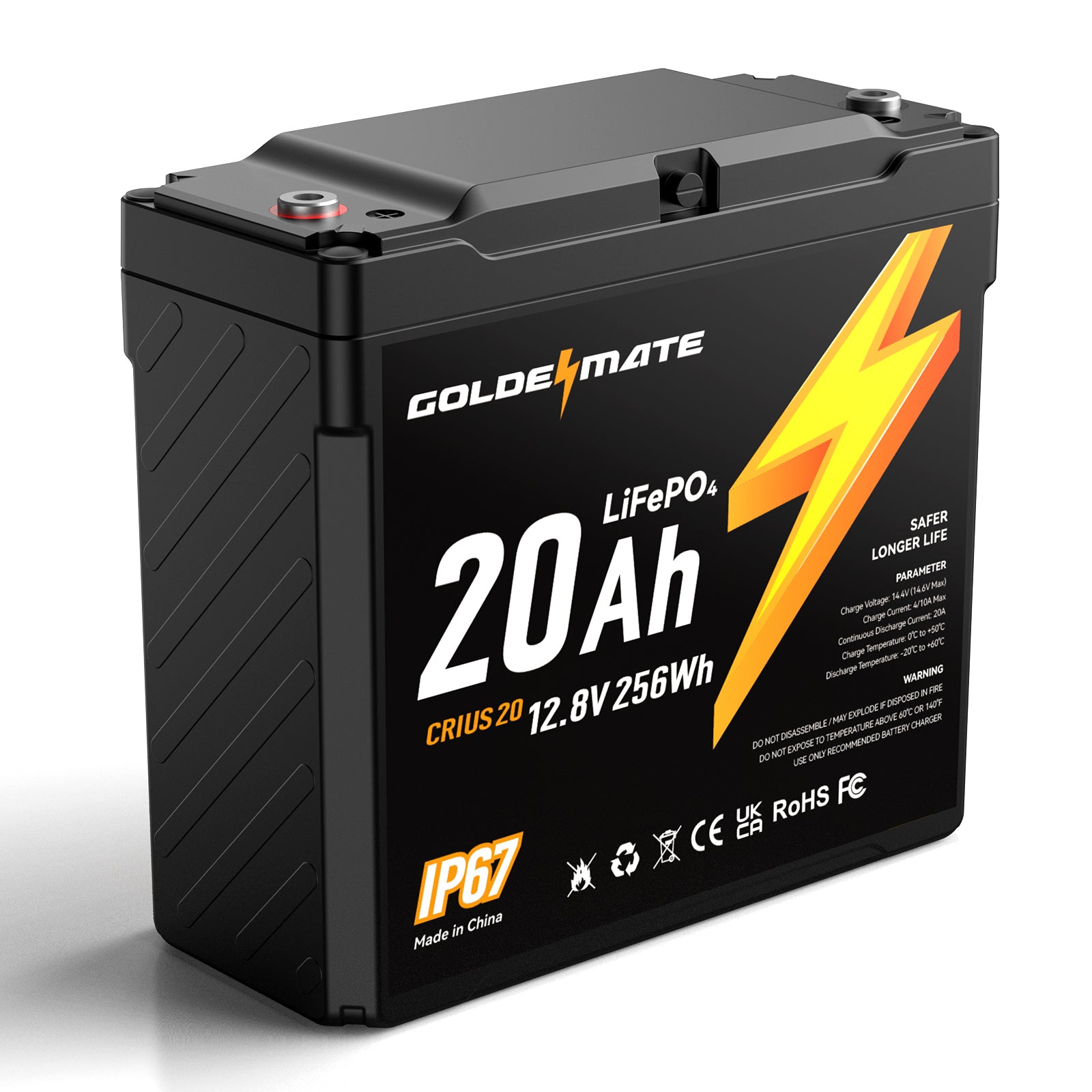 GoldenMate 12V 20Ah IP67 Waterproof LiFePO4 Lithium Battery