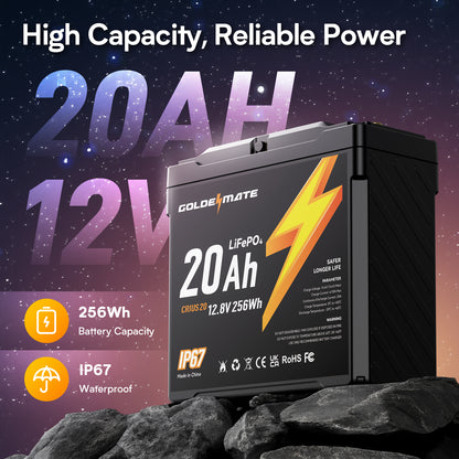 GoldenMate 12V 20Ah IP67 Waterproof LiFePO4 Lithium Battery - Goldenmate BatteryGoldenMate 12V 20Ah IP67 Waterproof LiFePO4 Lithium Battery