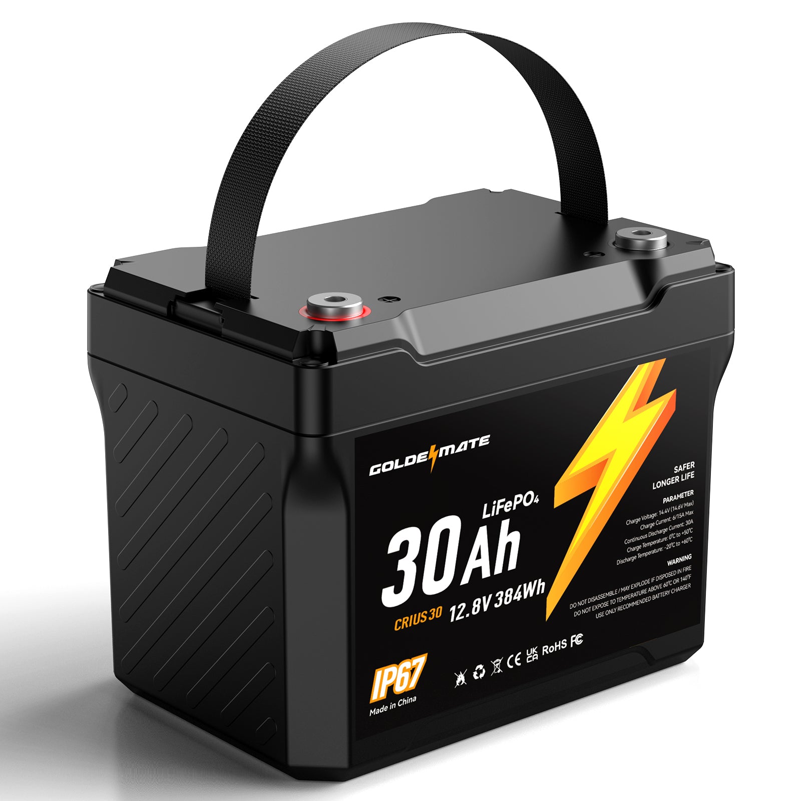 GoldenMate 12V 30Ah IP67 Waterproof LiFePO4 Lithium Battery