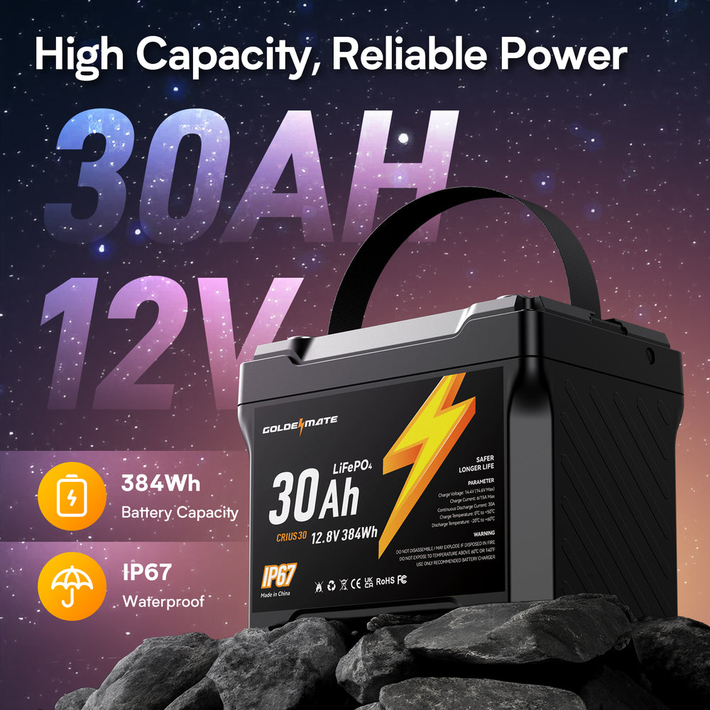 GoldenMate 12V 30Ah IP67 Waterproof LiFePO4 Lithium Battery ...