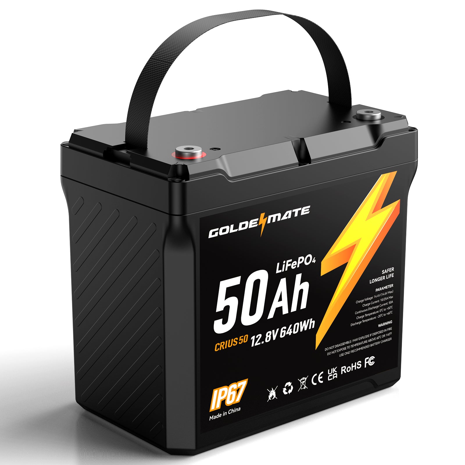 GoldenMate 12V 50Ah Waterproof LiFePO4 Lithium Battery - Fish Finder, RV, Camping, Solar, Marine, Off-grid, Home Energy Backup