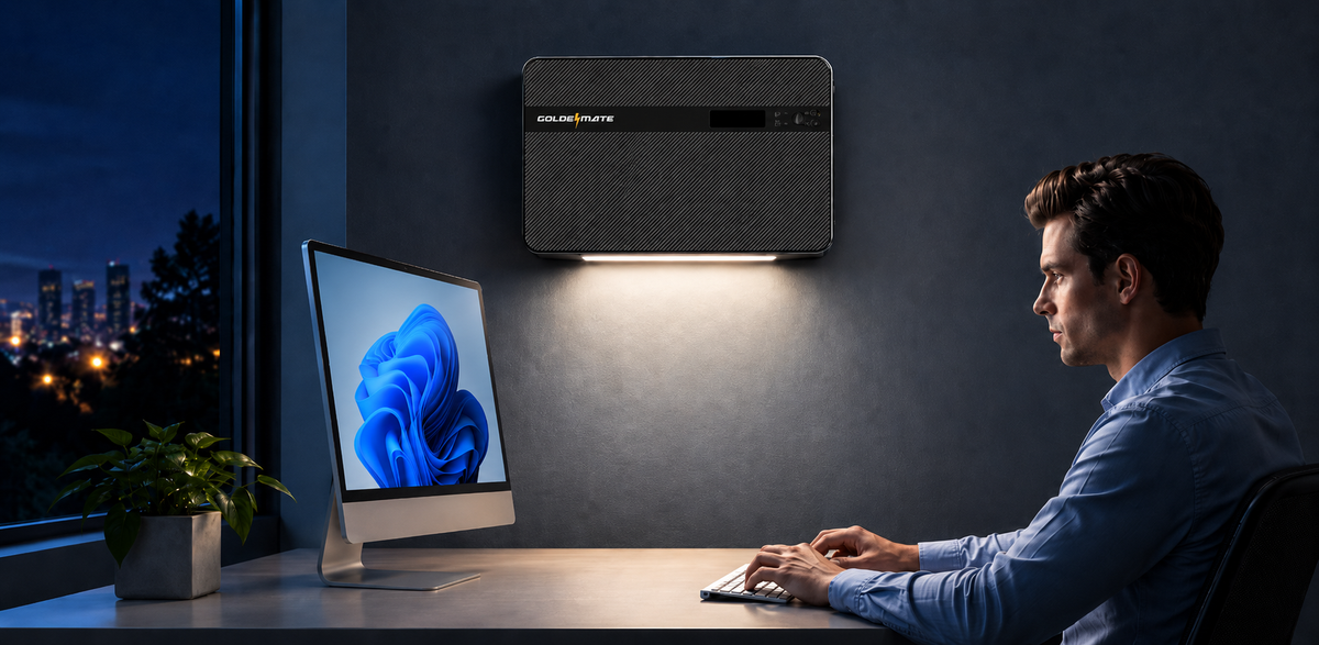 GoldenMate wall-mount UPS providing pure sine wave backup for essential equipment