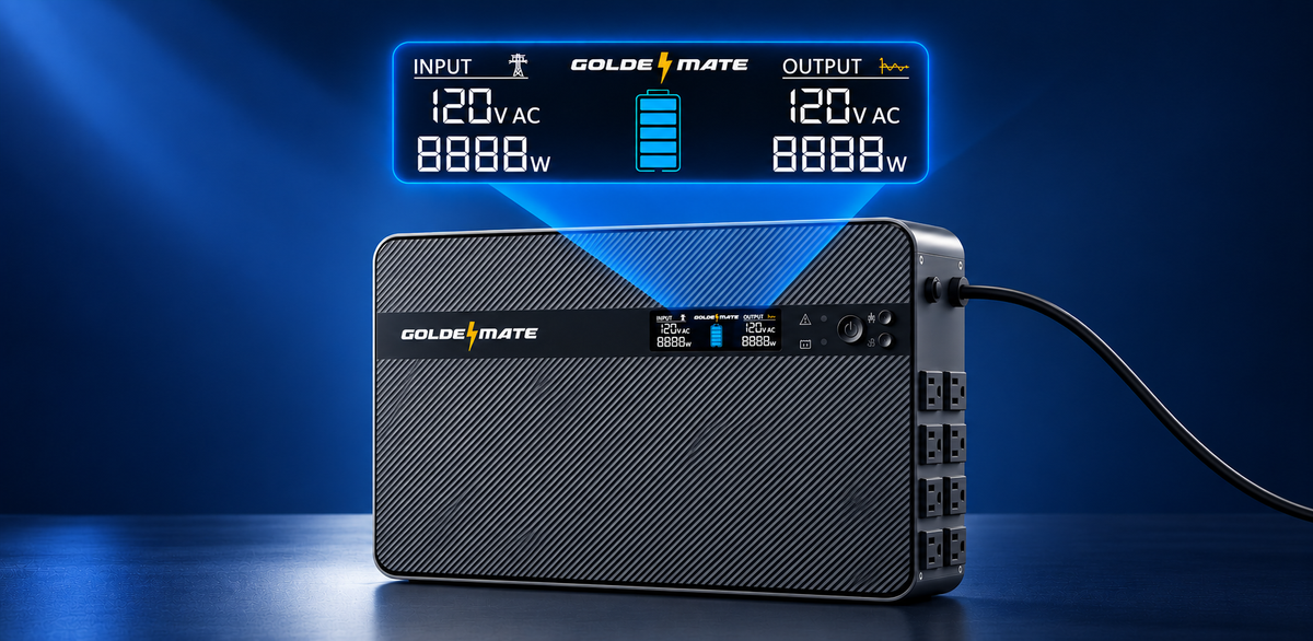 LCD status display and LiFePO4 backup power on the GoldenMate wall-mount UPS