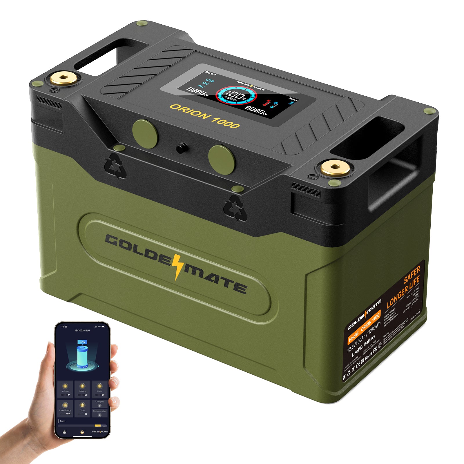 GoldenMate Orion1000 12V 100Ah Group 31 LiFePO4 Battery with LCD Display & APP Monitoring