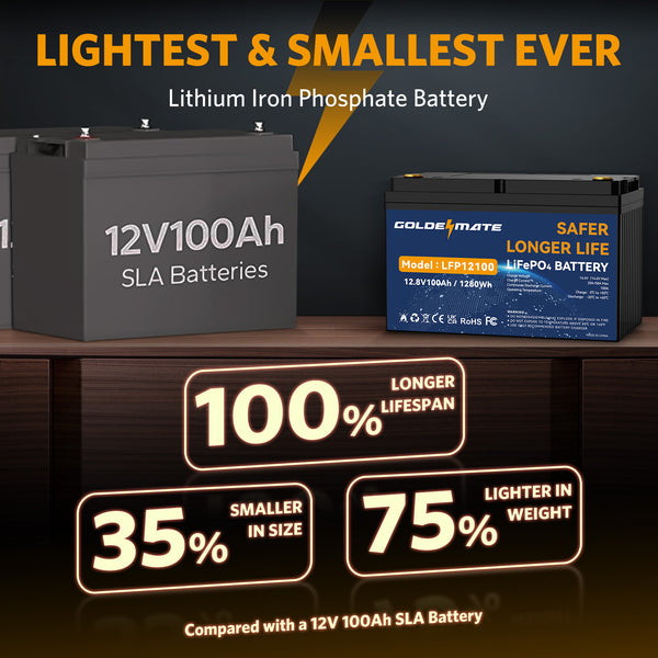 12V 10Ah LiFePO4 Lithium Battery, Built-in BMS, 128Wh Output Power
