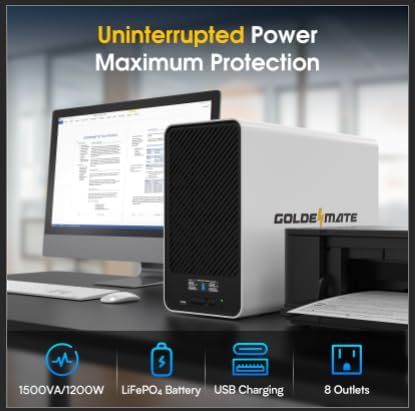 Extra output for a demanding workstation - 1500VA/1200W LiFePO4 UPS 8 Outlets (296Wh) AVR