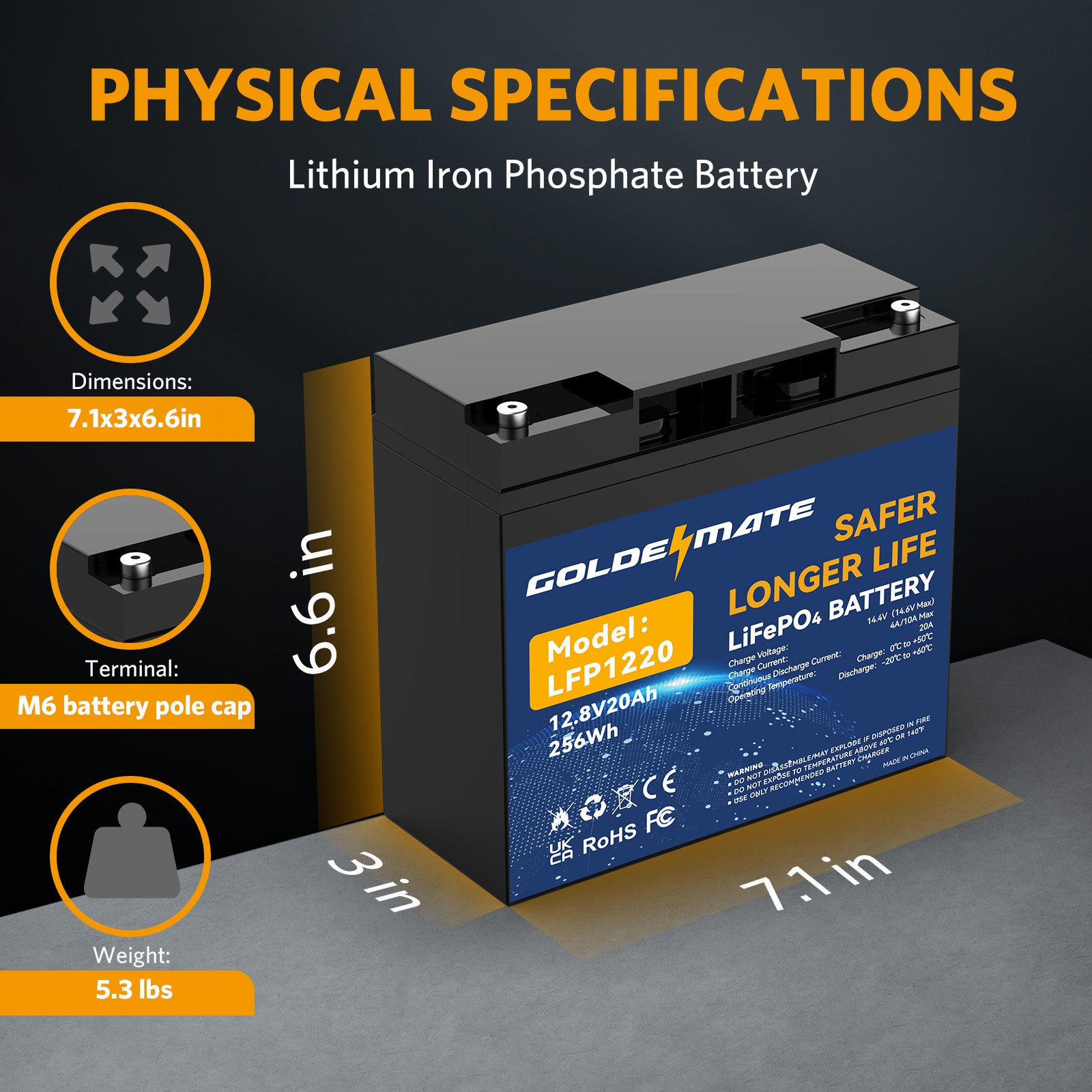 GoldenMate 12V 20Ah IP67 Waterproof LiFePO4 Lithium Battery