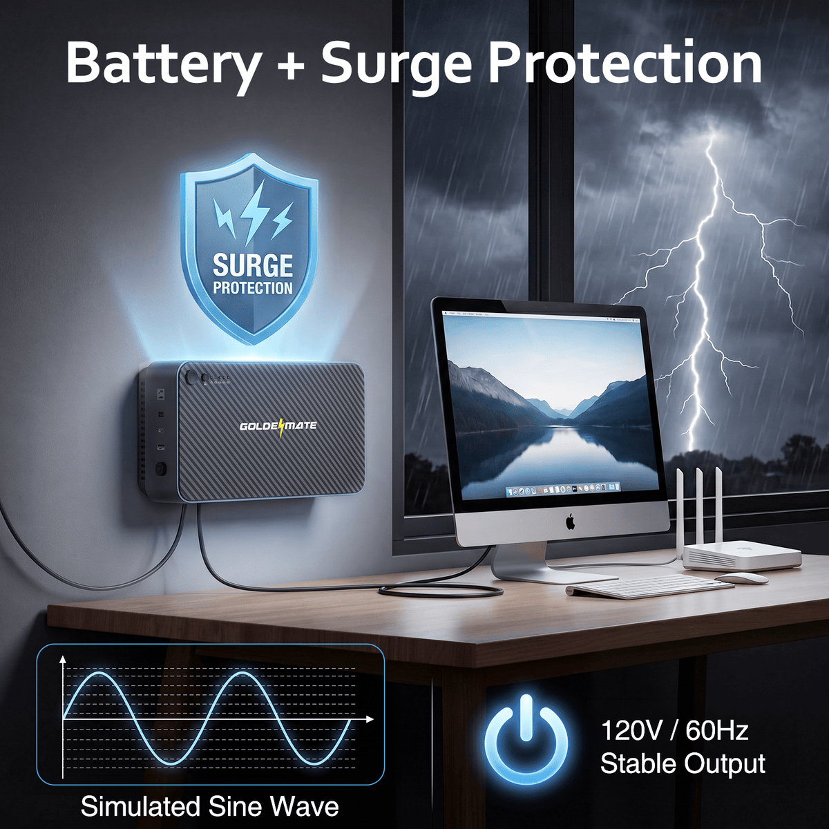 Add a protected power point beside the desk - 600VA/360W LiFePO4 UPS Wall-Mount