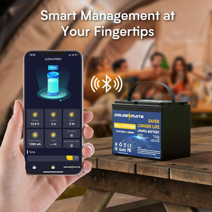 GoldenMate 12V 100Ah Group 24 Bluetooth LiFePO4 Lithium Battery - Goldenmate BatteryGoldenMate 12V 100Ah Group 24 Bluetooth LiFePO4 Lithium Battery