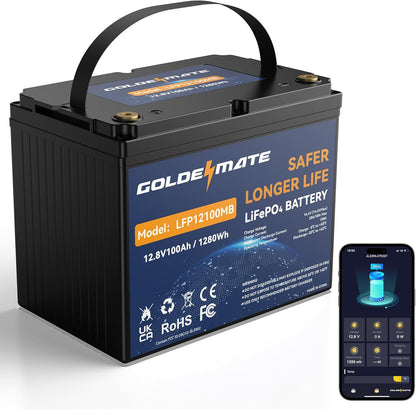 GoldenMate 12V 100Ah Group 24 Bluetooth LiFePO4 Lithium Battery - Goldenmate BatteryGoldenMate 12V 100Ah Group 24 Bluetooth LiFePO4 Lithium Battery