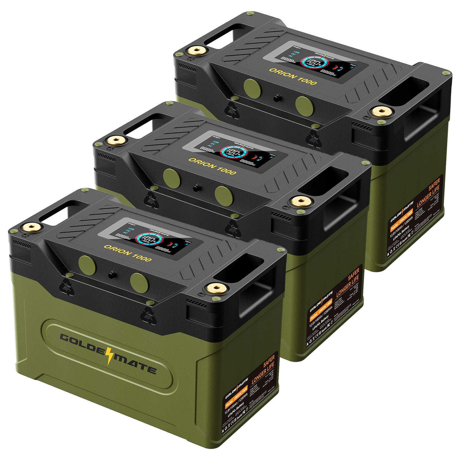 GoldenMate Orion1000 12V 100Ah IP67 Waterproof LiFePO4 Battery with LCD Display & APP Monitoring