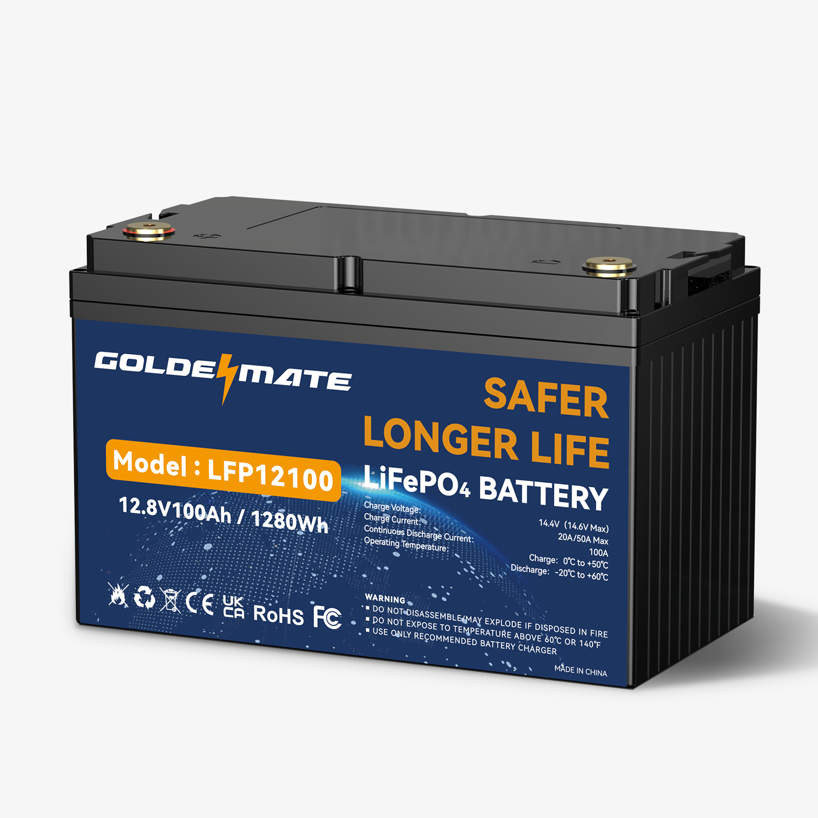 GoldenMate 12V 100Ah LiFePO4 Lithium Battery, 1280Wh Energy, Built-In BMS