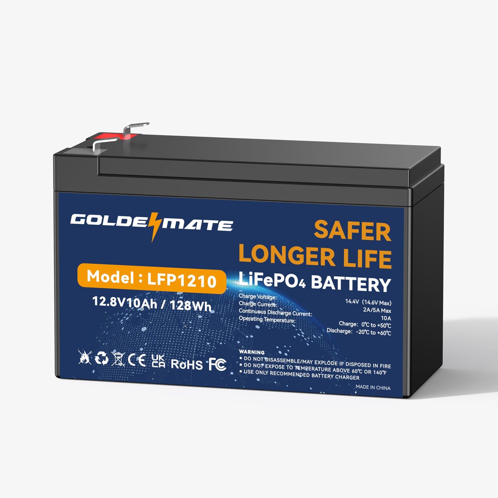 GoldenMate 12V 10Ah LiFePO4 Lithium Battery, 128Wh Output Power, Built-in BMS