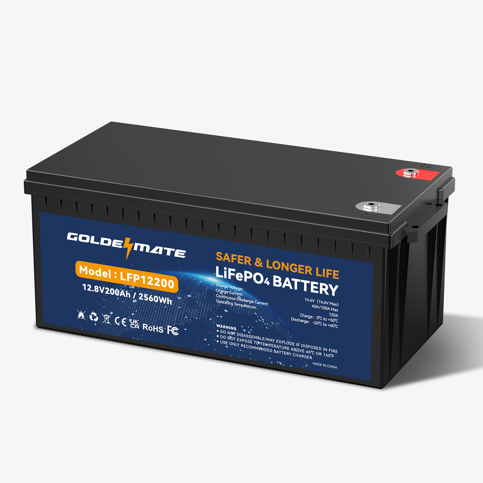 GoldenMate 12V 200Ah LiFePO4 Lithium Battery, 2560Wh Energy, Build-In BMS