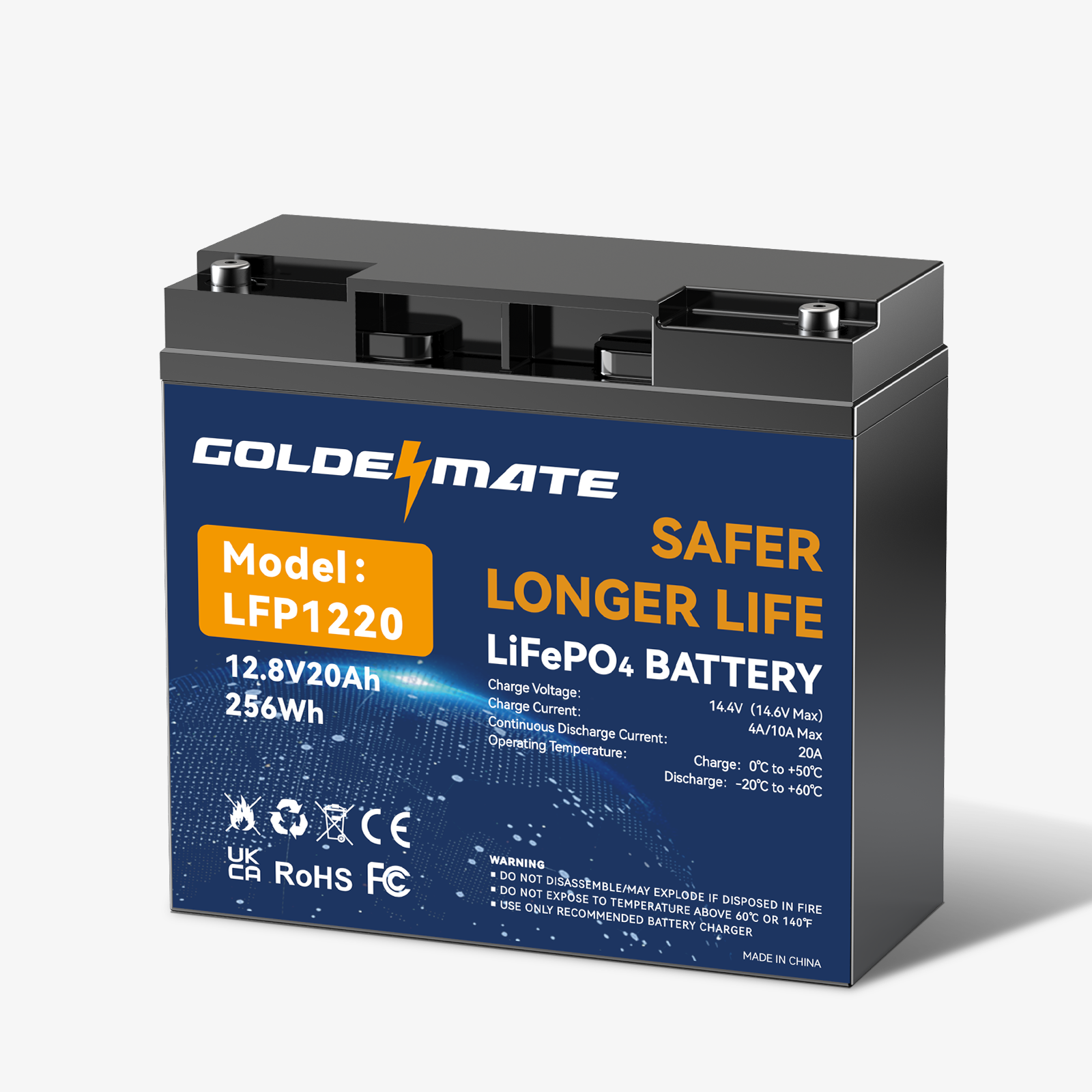 GoldenMate 12V 20Ah LiFePO4 Lithium Battery, 256Wh Energy, Built-in BMS