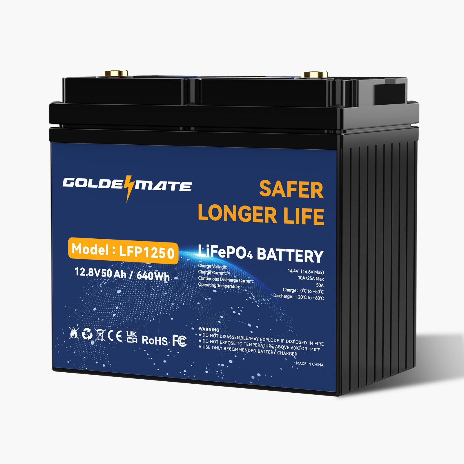 GoldenMate 12V 50Ah LiFePO4 Lithium Battery- 640Wh Energy, Marine, RV, Fish Finder Battery