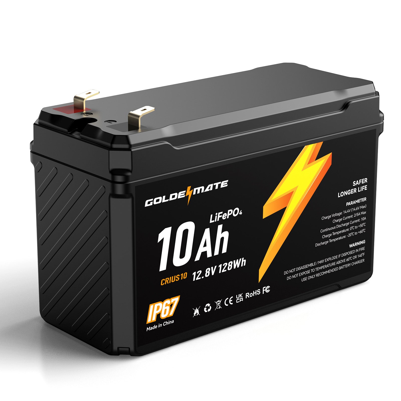 GoldenMate 12V 10Ah Waterproof LiFePO4 Lithium Battery, Ideal for Power Wheels, Solar, Marine, Fish Finder, Ride-on Toy, Camping