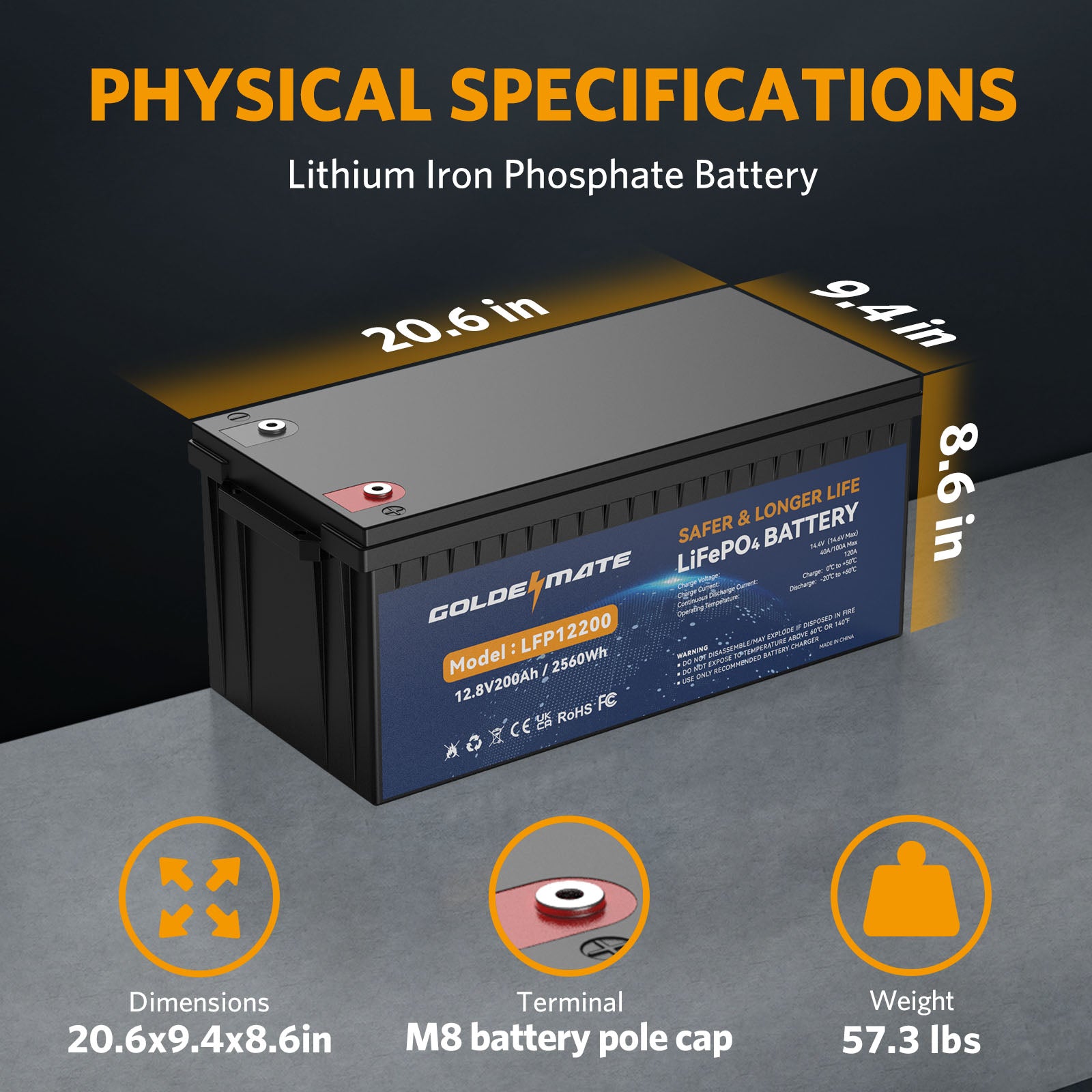GoldenMate 12V 200Ah LiFePO4 Deep Cycle Lithium Battery