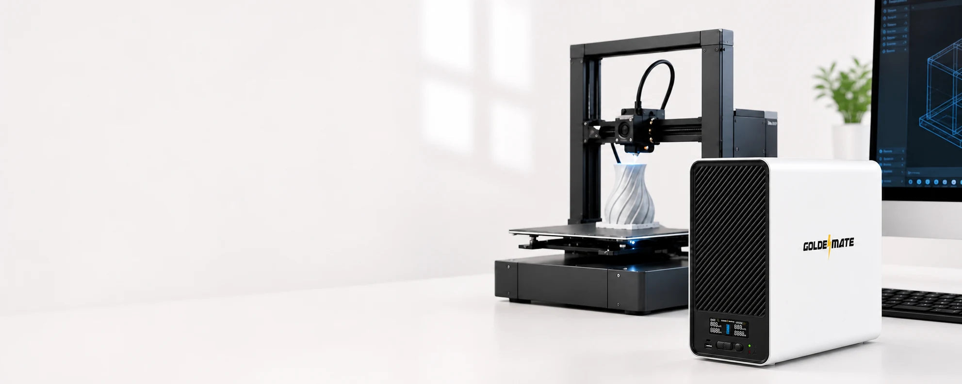 GoldenMate UPS powering a 3D printer workstation