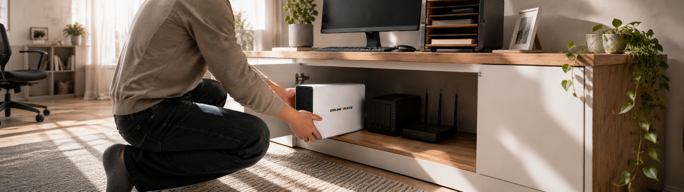 GoldenMate UPS under a home office desk - desktop Blog hero