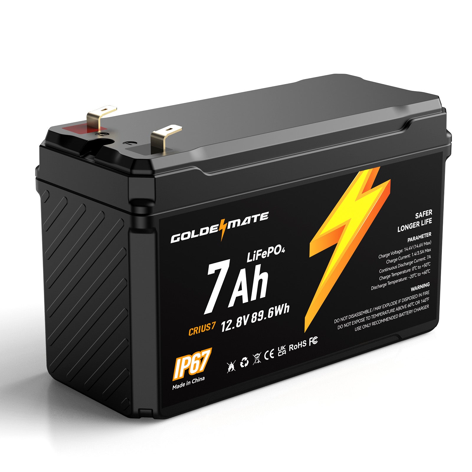 GoldenMate 12V 7Ah Waterproof LiFePO4 Deep Cycle Lithium Battery, Perfect for Camera, Lighting, Power Wheels, Fish Finder, and Ride-on Toys