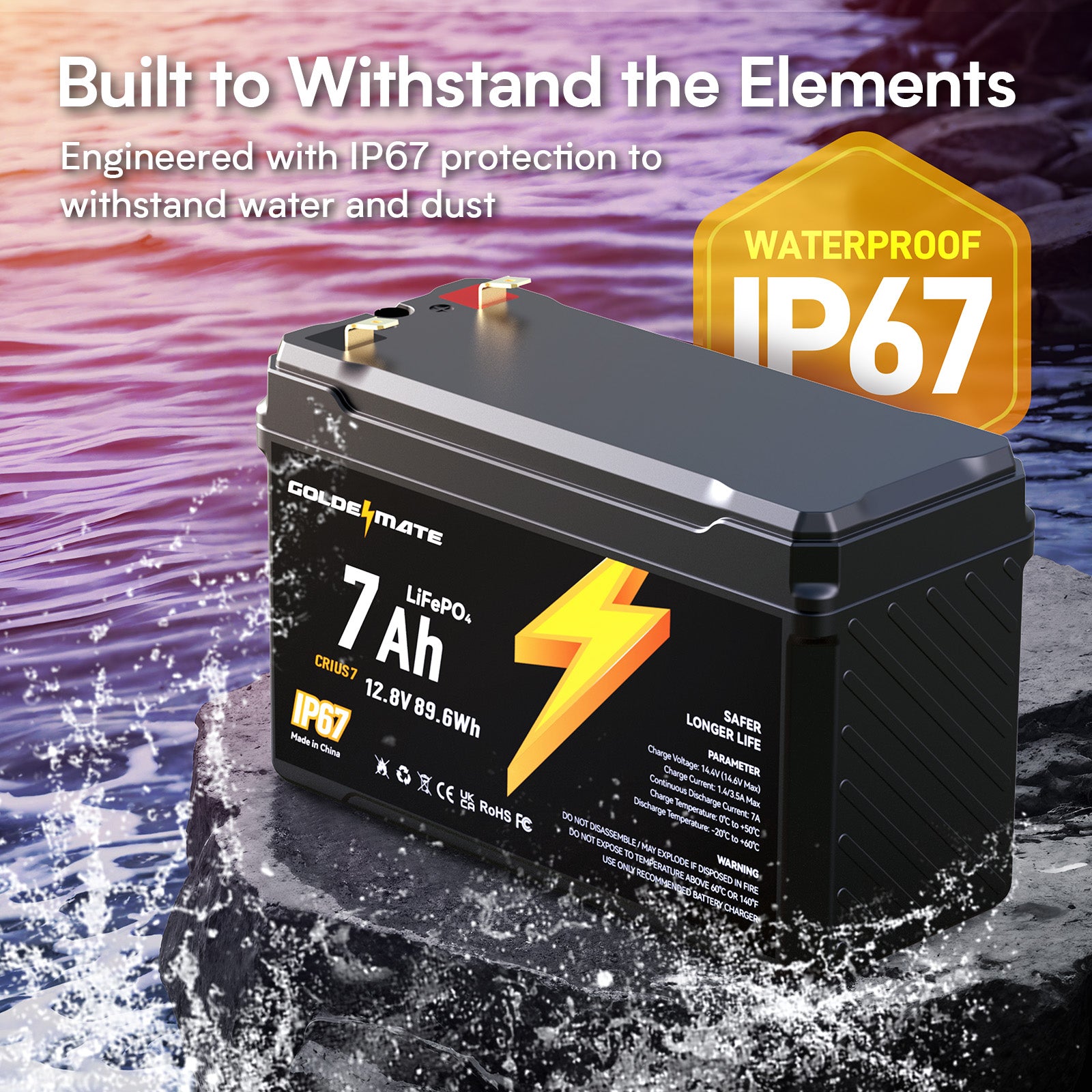 GoldenMate 12V 7Ah IP67 Waterproof LiFePO4 Lithium Battery